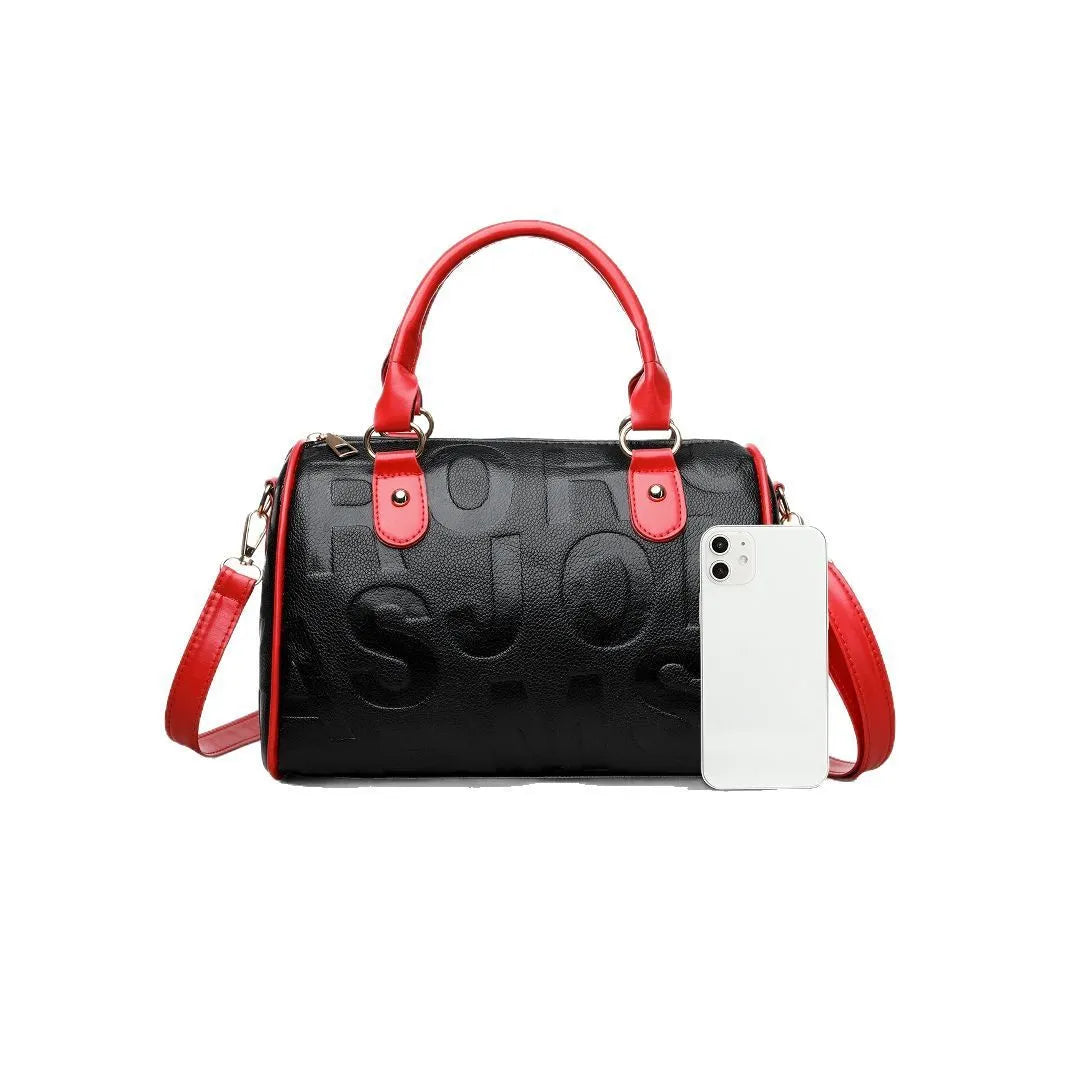 Cylindrical PU crossbody bag with three shoulder straps in red or brown colour with polyester lining