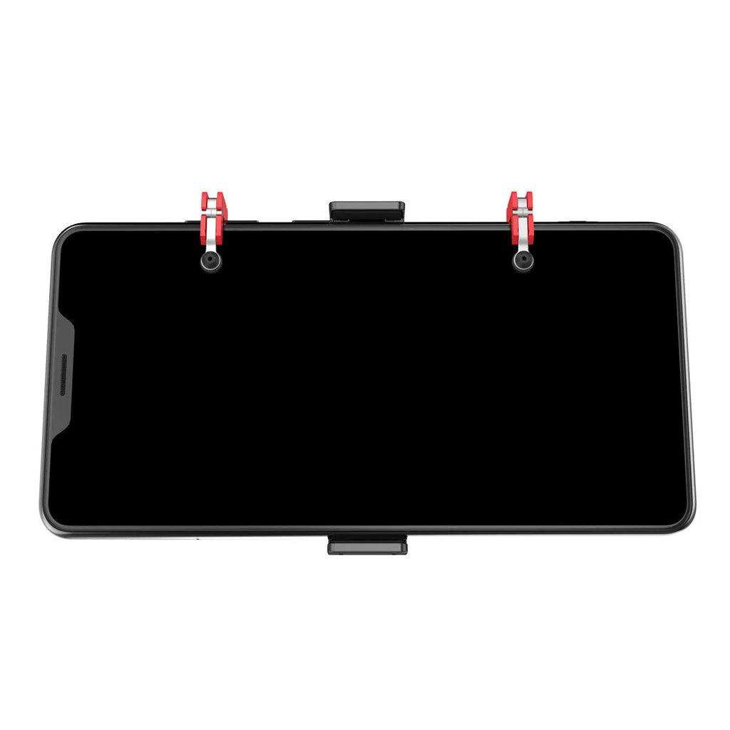 Black mobile gaming trigger stand with adjustable telescopic phone clip and sliding trigger button.