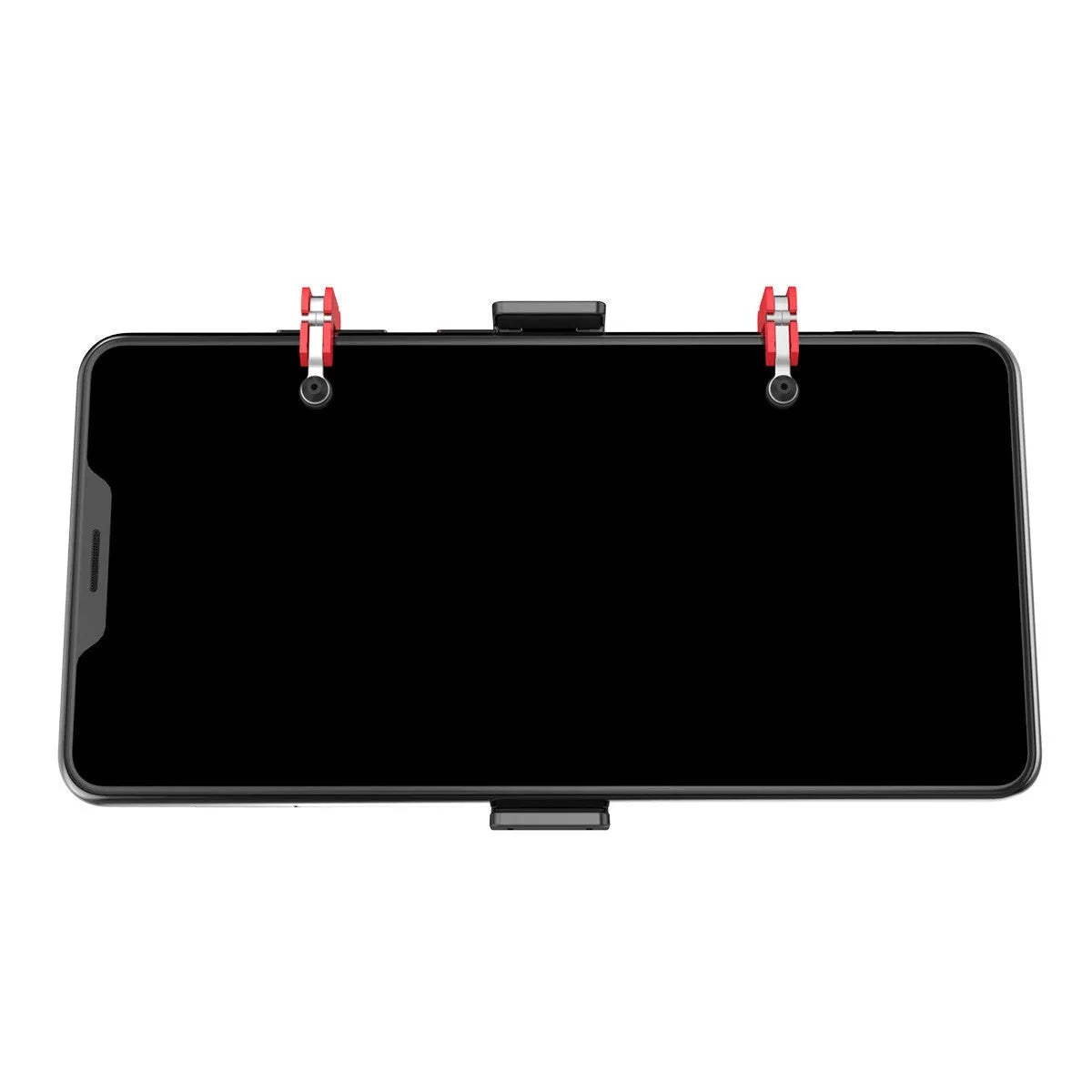 Black mobile gaming trigger stand with adjustable telescopic phone clip and sliding trigger button.