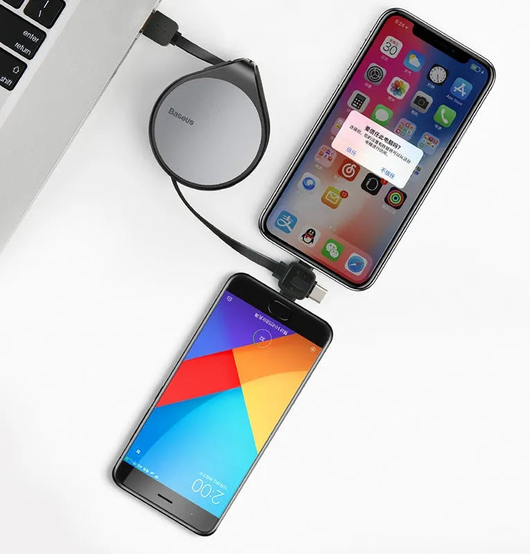 Telescopic three-in-one fast charging data cable extended to show iPhone, Android, and USB-C connectors