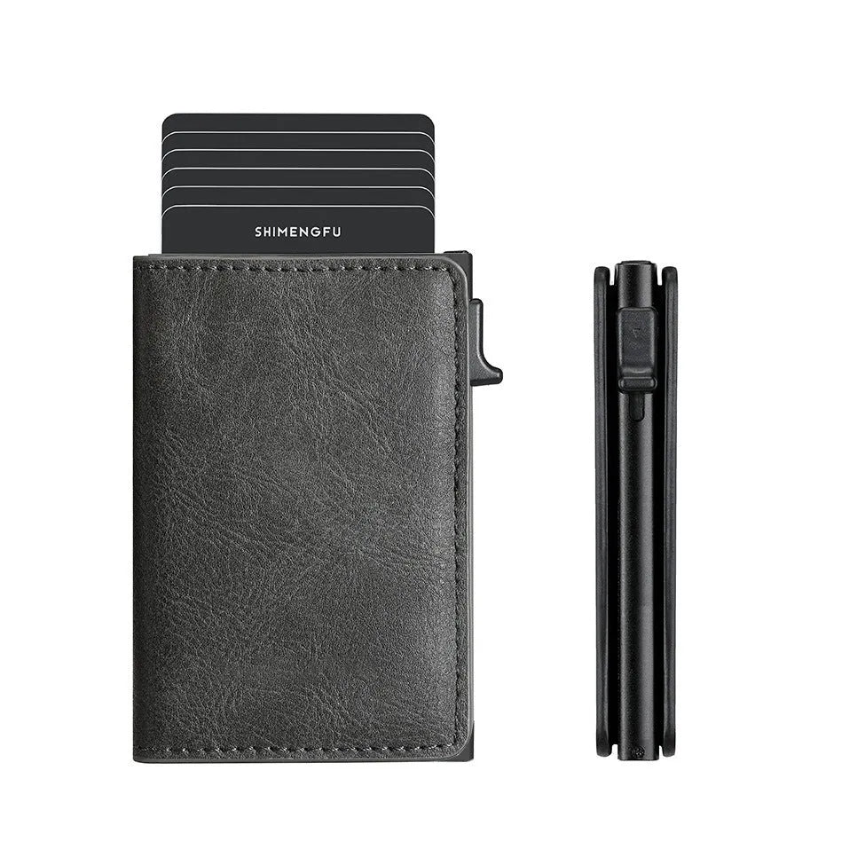 Pop-up aluminium alloy card wallet in retro PU leather with anti-theft function, front view