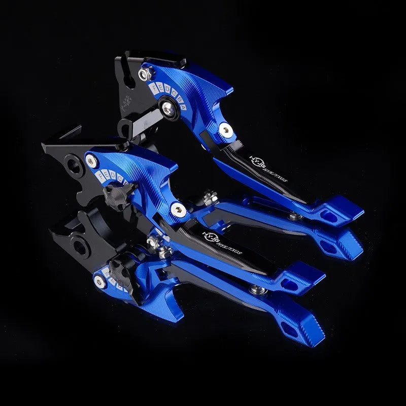 Pair of anodised aluminium motorcycle brake and clutch levers with six-speed adjustable length mechanism