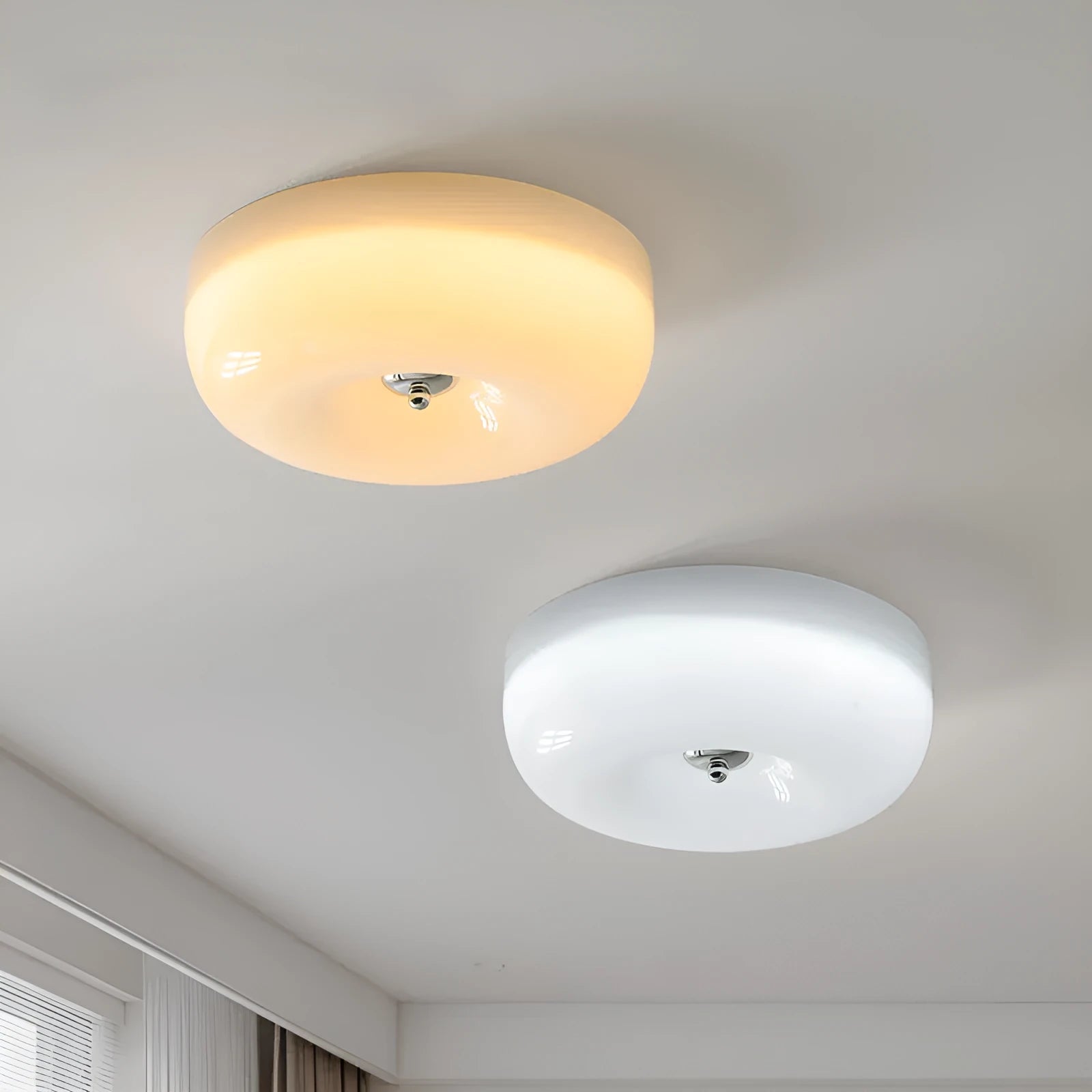 Cream-coloured American vintage style bedroom ceiling light with three-colour settings.
