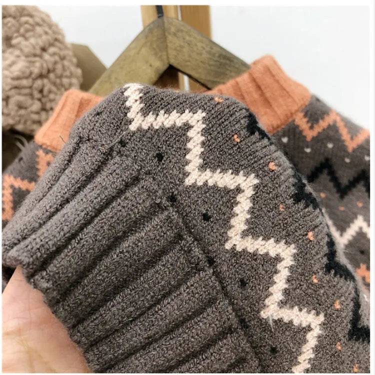 Korean style children's wool sweater in brown or apricot colour with long sleeves