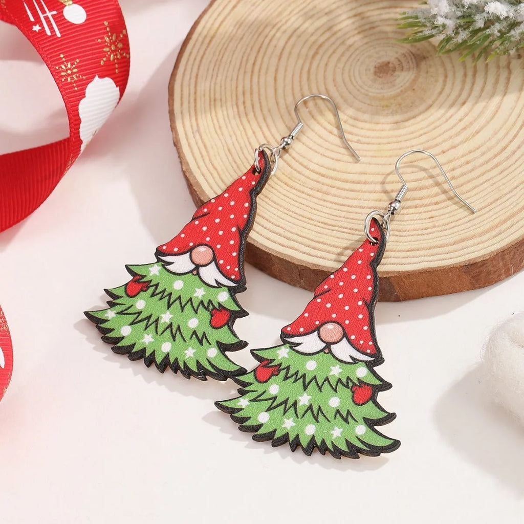 Wooden Christmas earrings with printed Christmas Tree and Water Drop Christmas Snowman designs
