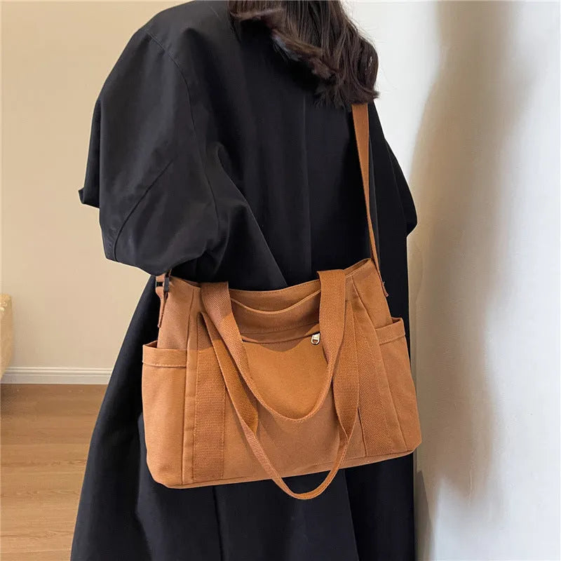 Large capacity polyester canvas shoulder tote bag with external pocket and phone compartment