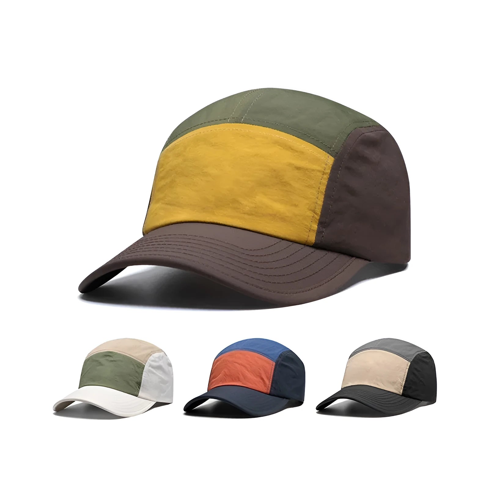 Men's khaki quick-drying baseball cap with curved brim and five-panel construction.