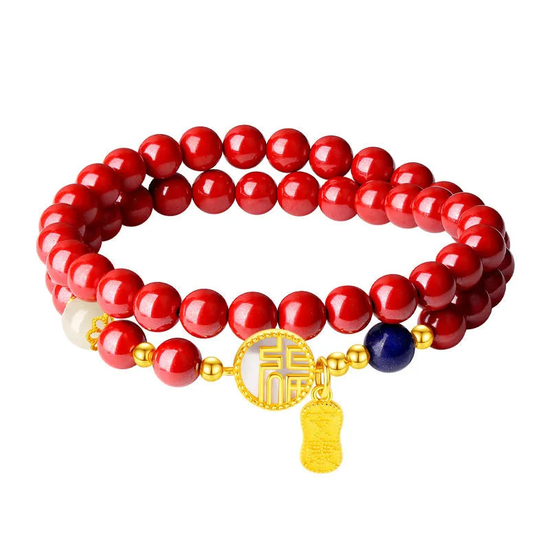 S925 sterling silver bracelet with white shell, red cinnabar, and purple gold sandstone beads and a blessing card charm.