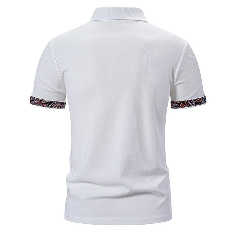 Men's classic polo shirt in cotton blend fabric, shown in white, black, and navy blue colours.