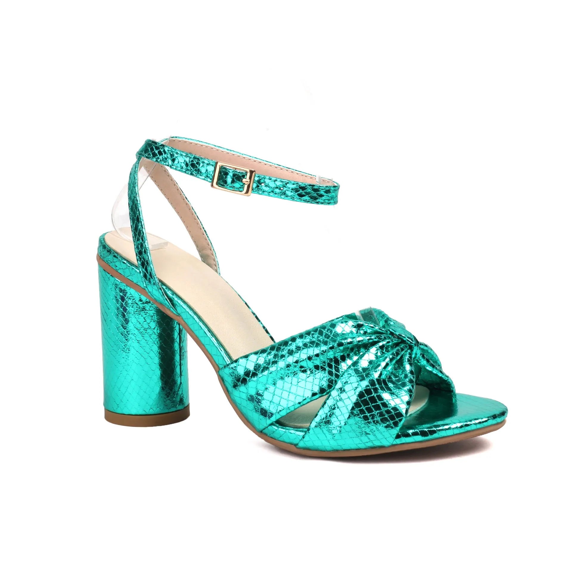 Plus size women's peep toe ankle strap sandals with a buckle in gold, on a white background.