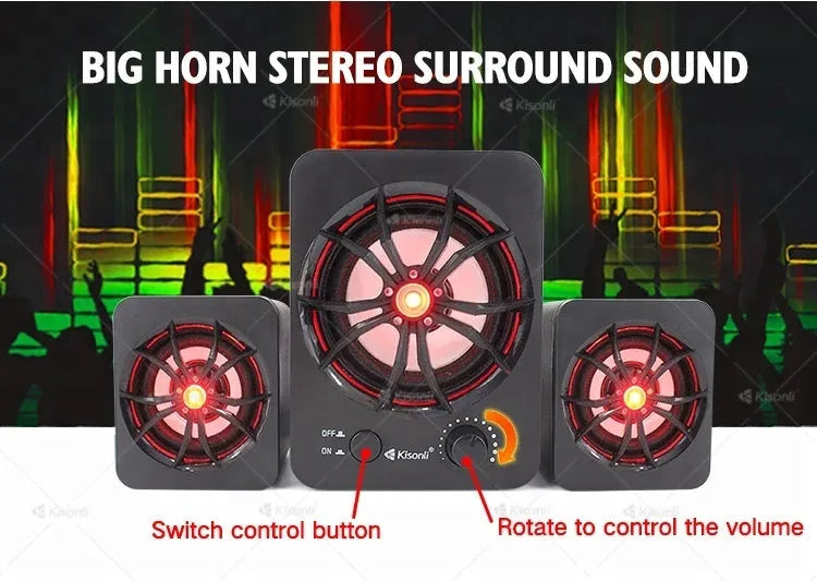 Green USB 2.1 computer speaker with colourful LED lights and 150 cm cable