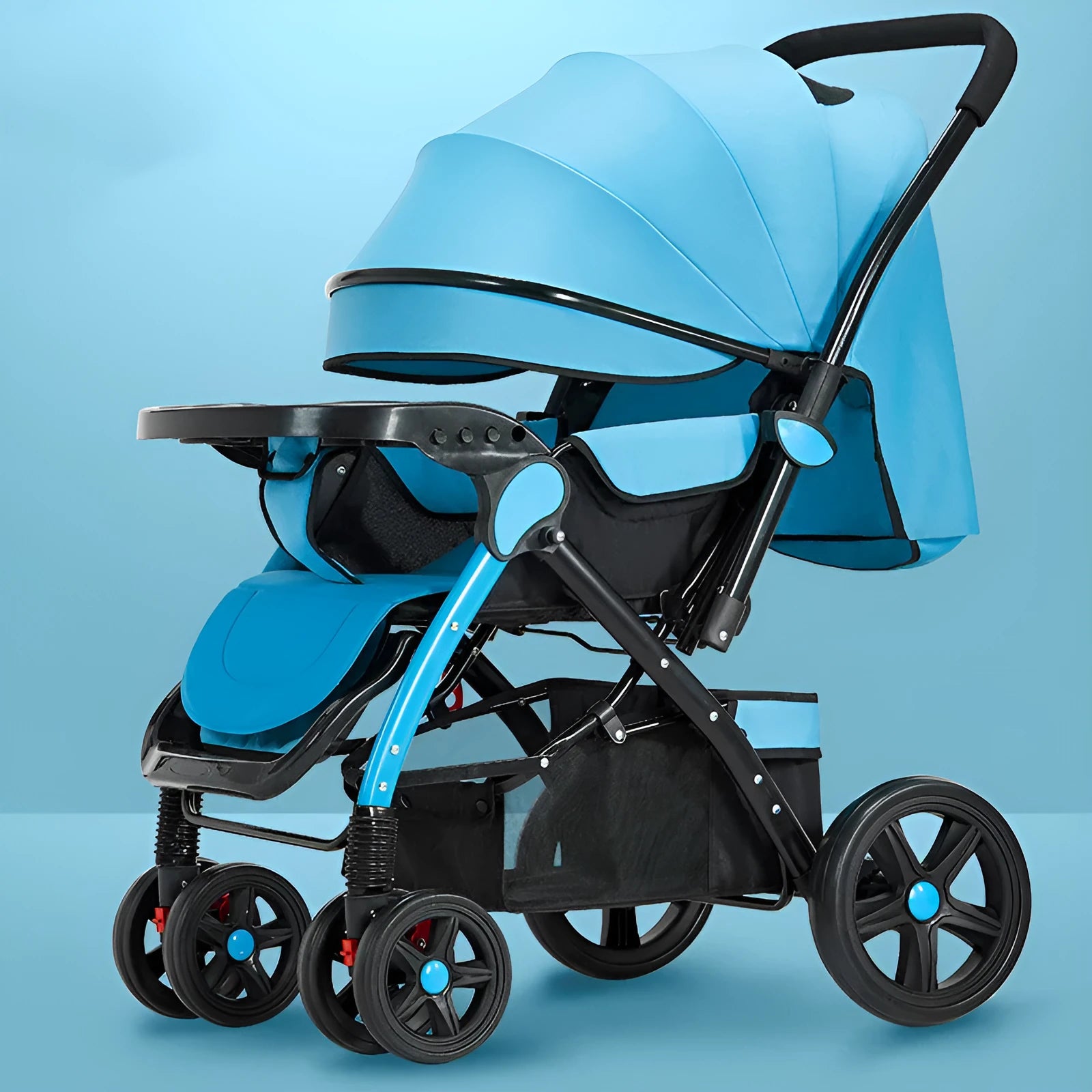 Lightweight folding reversible baby stroller with four-wheel shock absorption in multiple colour options