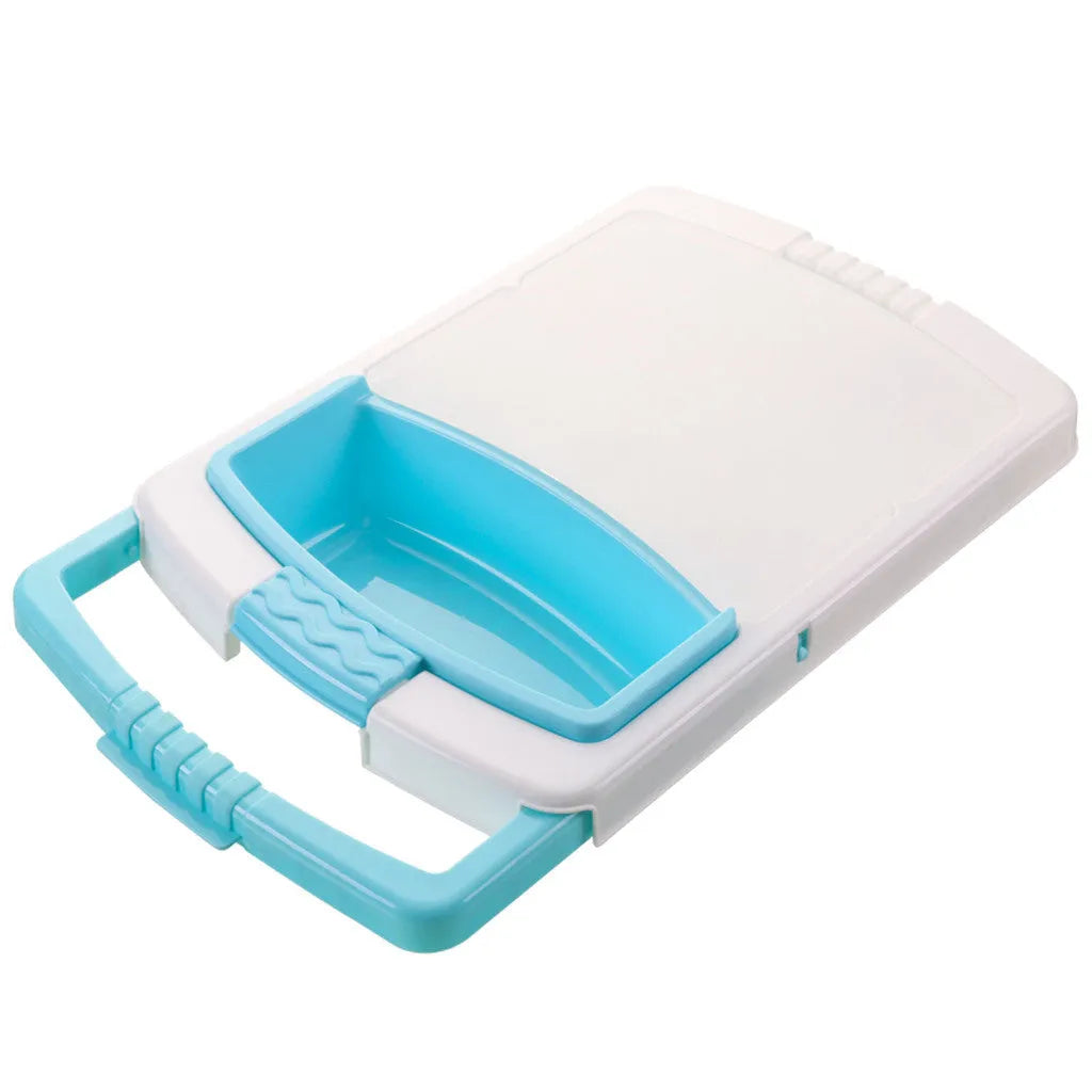 Green multi-function kitchen cutting board with integrated draining basket mounted on sink edge