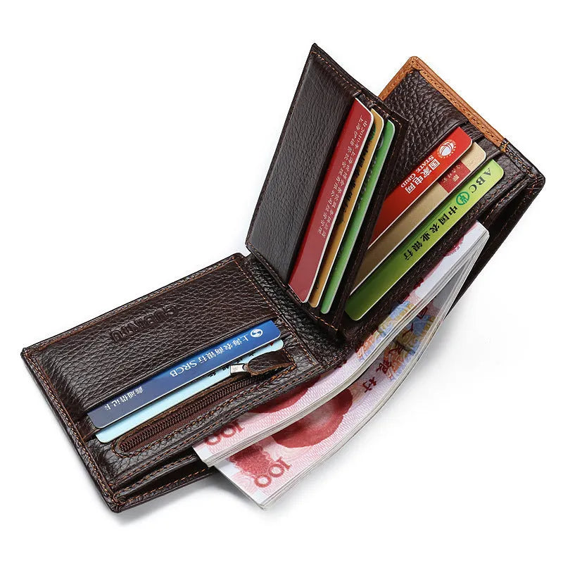Soft cowhide leather bifold wallet with cross-stitching, shown open to reveal card slots and a zippered coin compartment.