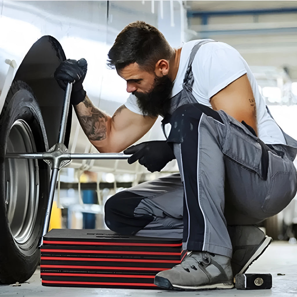 Large blue folding EVA foam kneeling mat for car repair and gardening, shown unfolded and folded.