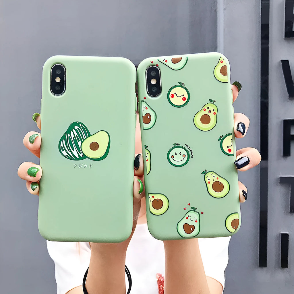 Colourful avocado cartoon design on a flexible TPU phone case for Apple iPhone.