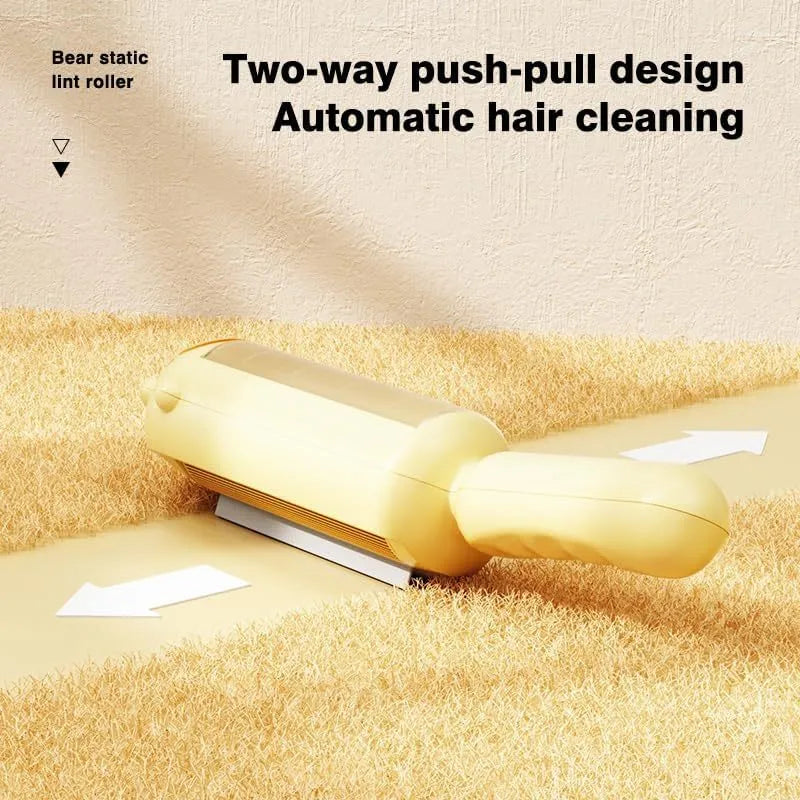Blue reusable pet hair remover tool with self-cleaning base for furniture and car seats