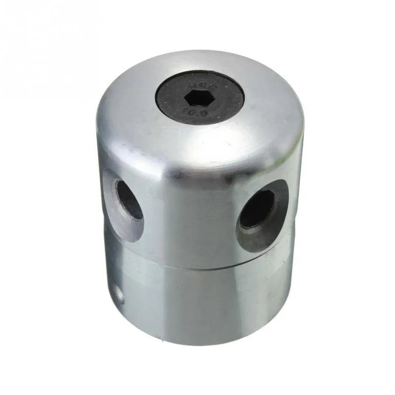 Silver aluminium lawn mower trimmer head with four light yellow square grass cutting lines