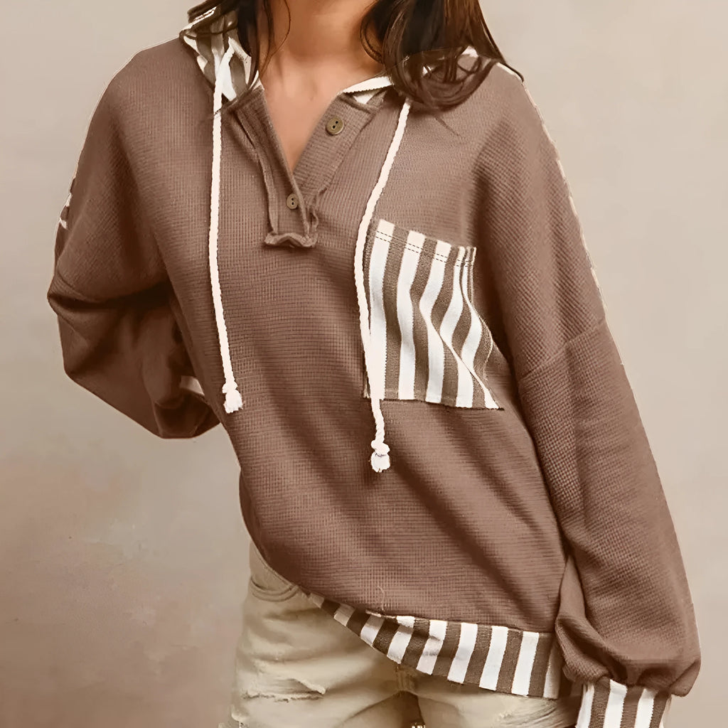 Straw yellow waffle texture striped patchwork hoodie with button neck and drawstring.