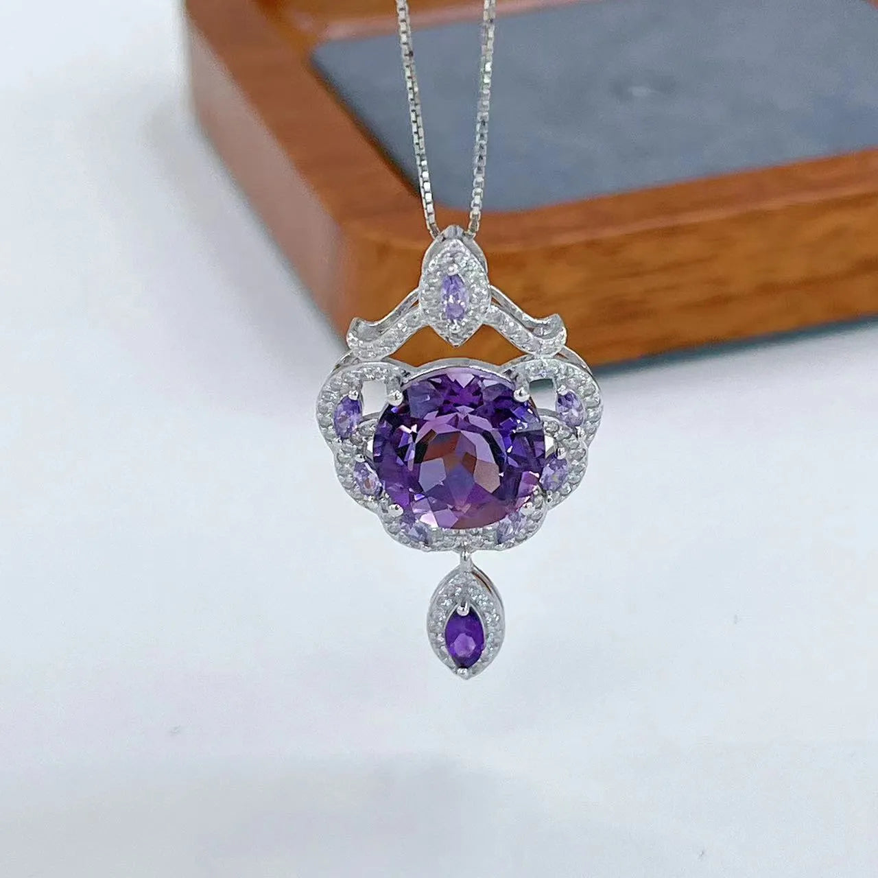 Purple amethyst silver pendant with platinum plating and meteor shower pattern on U-shaped jewellery