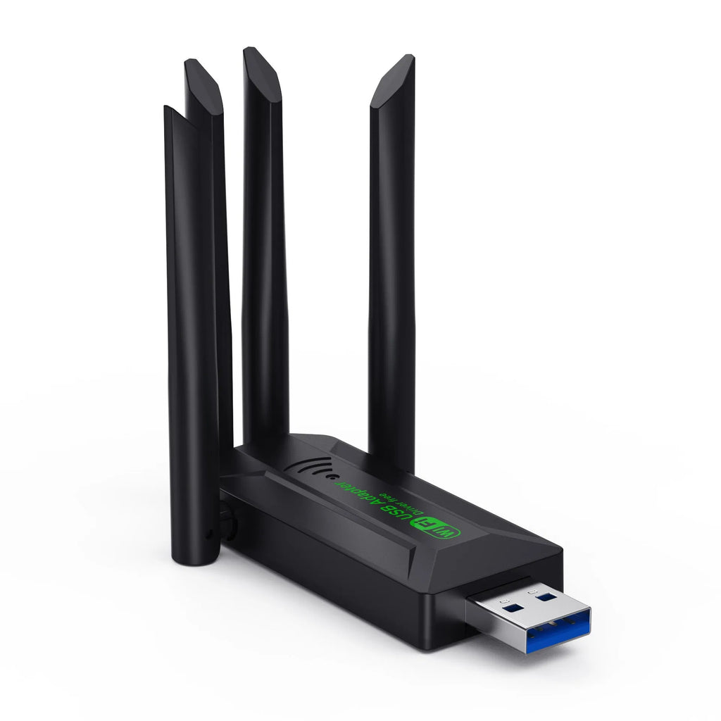 Black USB network transmitter with four extended antennas for wireless signal coverage