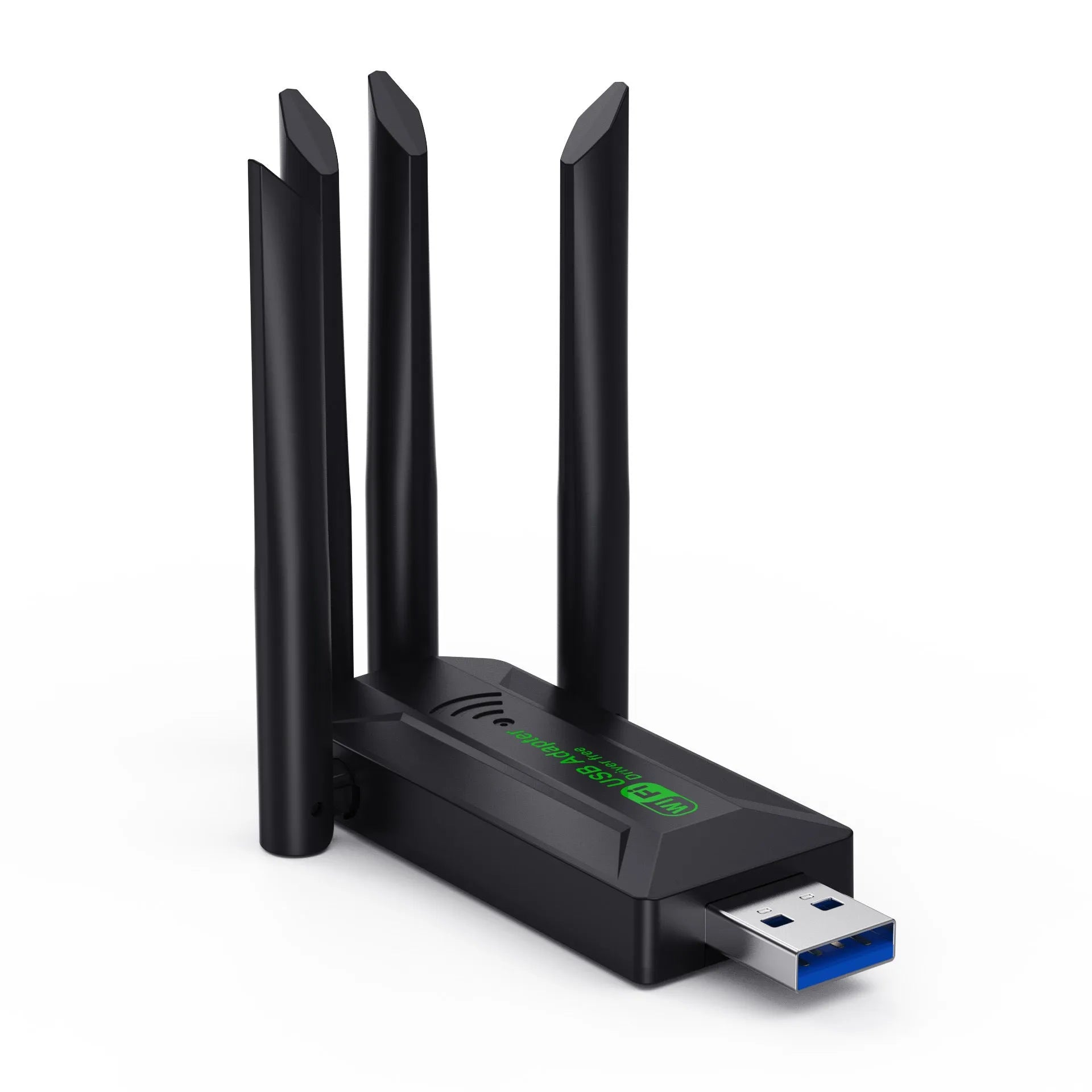 Black USB network transmitter with four extended antennas for wireless signal coverage