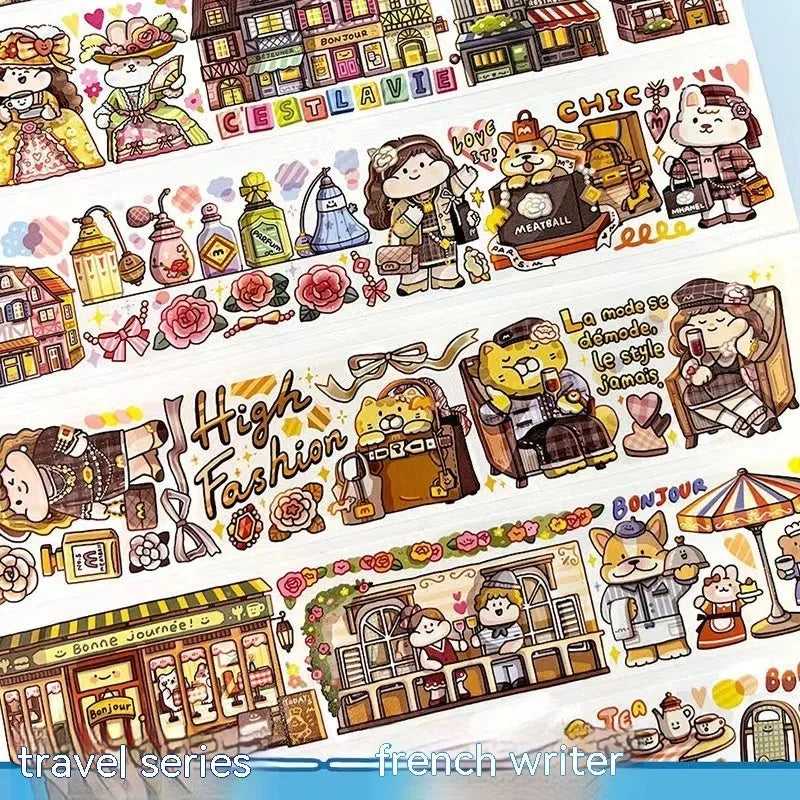 Sheet of cute cartoon character stickers for haemorrhoid tape packaging on Japanese paper.