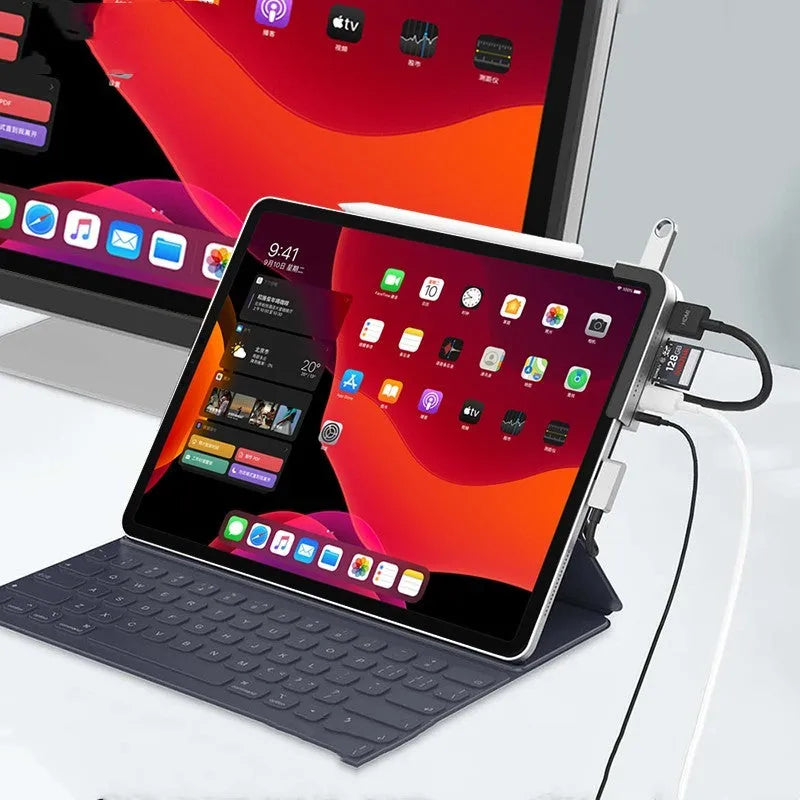 Silver aluminium grey USB-C 6-in-1 docking station for iPad Pro tablets with HDMI port.