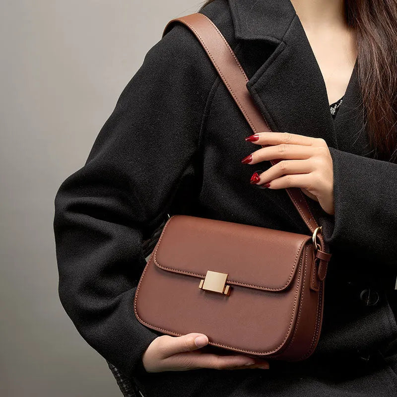 Genuine leather women's crossbody bag with lock, European retro style, apricot colour, horizontal square shape