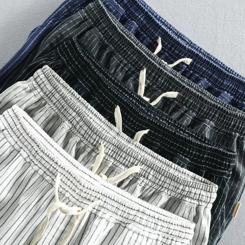 Men's striped cotton casual shorts with loose straight fit and elastic waist in multiple colour options