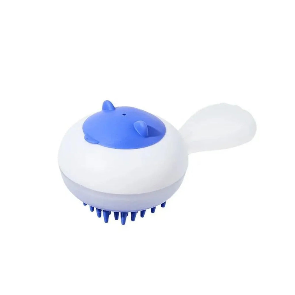 Automatic cleaning pet bath brush with soft gel bristles in blue and orange colour options for dog and cat grooming