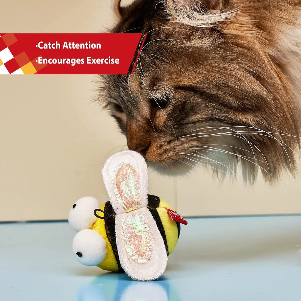 Yellow flannelette bee-shaped electronic cat toy with motion-activated chirping sound
