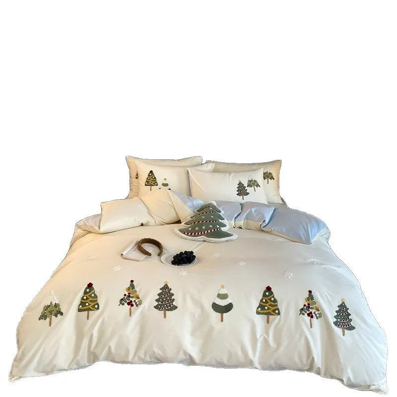Christmas tree towel embroidery pure cotton bed linen four-piece set with plants and flowers pattern