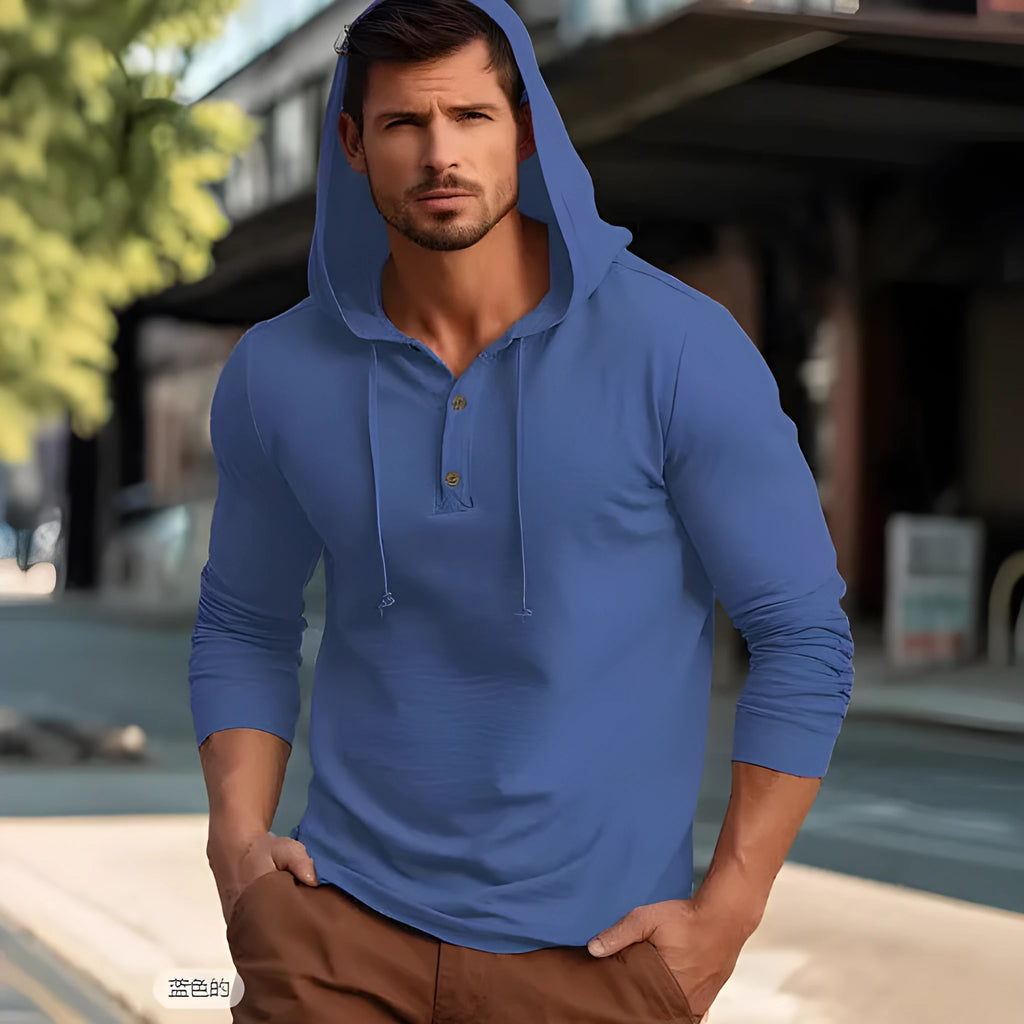 Men's casual cotton sports hoodie in dark blue colour, showing pullover style and long sleeves.