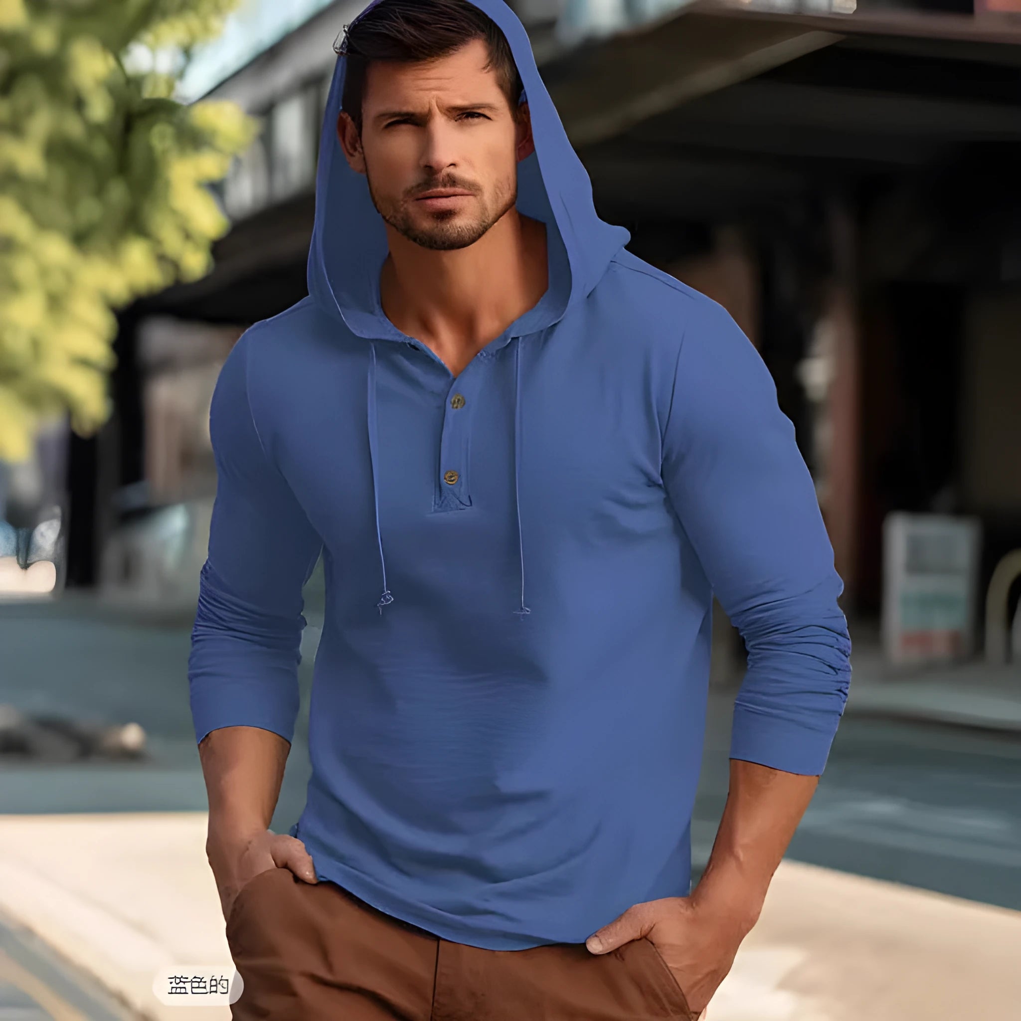 Men's casual cotton sports hoodie in dark blue colour, showing pullover style and long sleeves.