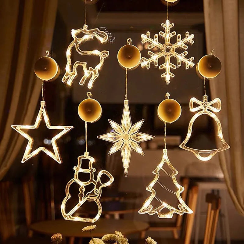 Christmas LED suction cup chandelier lights with Santa Claus, elk and snowman designs for window decoration