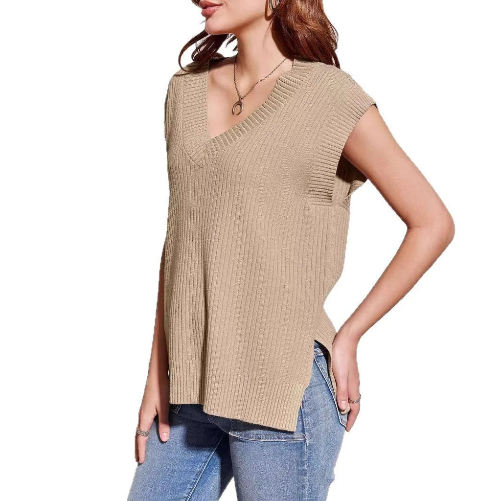 Women's V-neck sleeveless vest in camel colour with loose fit pullover design