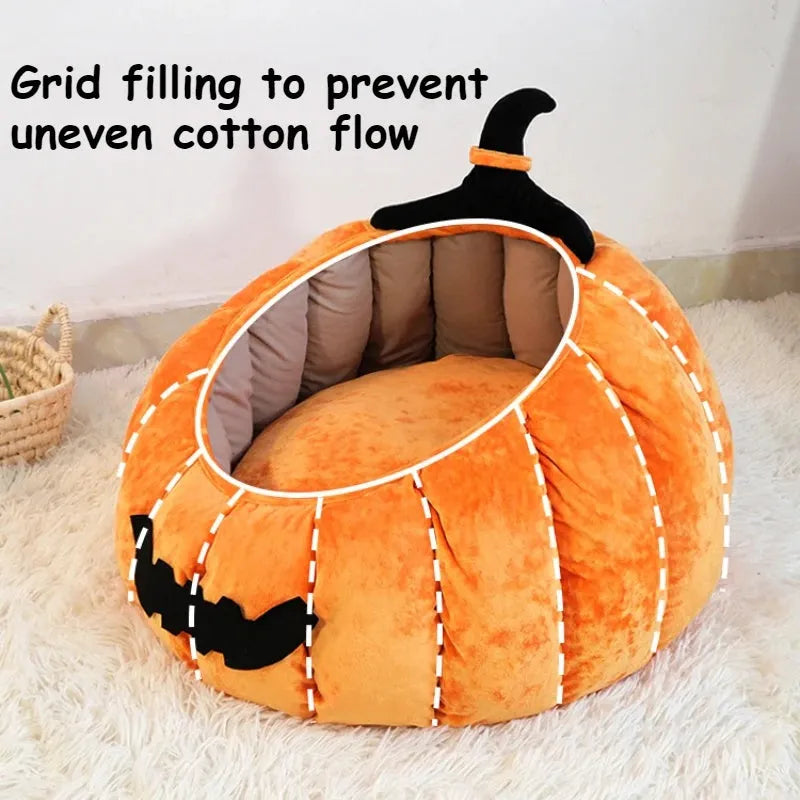 Halloween pumpkin-shaped cat bed with cartoon devil design in soft plush material
