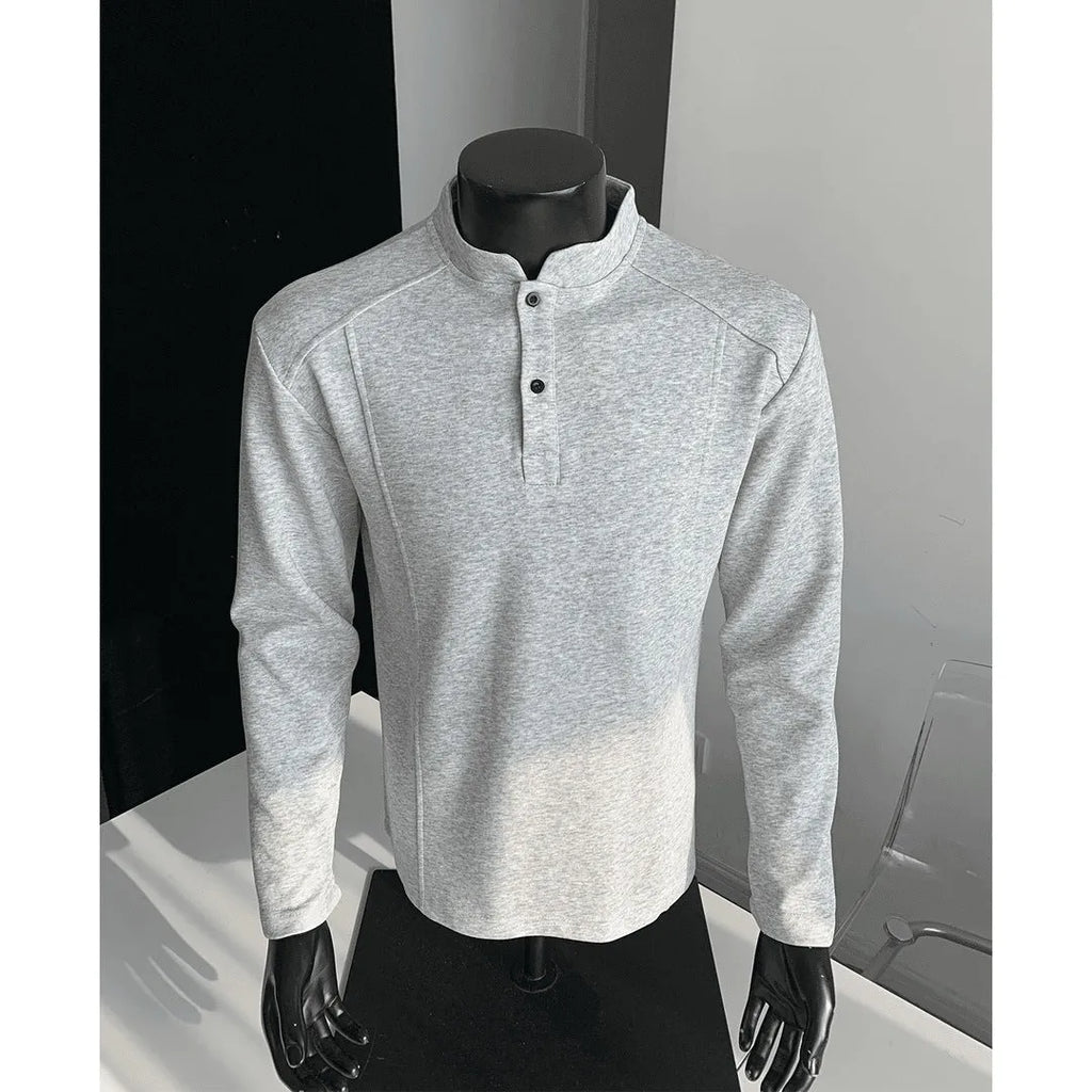 Men's asymmetrical patchwork sweater with stand-up polo collar in neutral colours