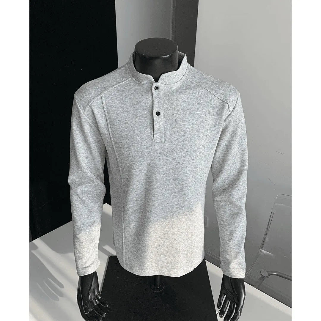 Men's asymmetrical patchwork sweater with stand-up polo collar in neutral colours