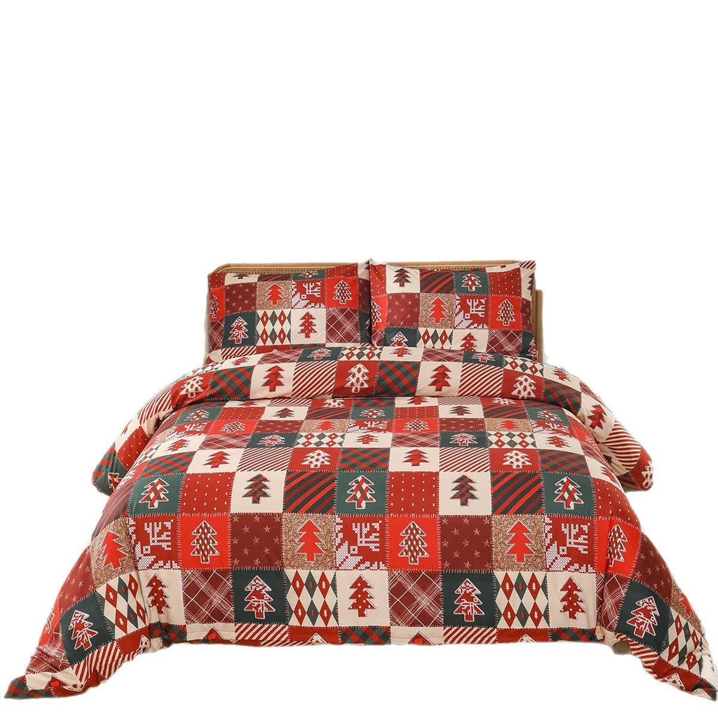 Christmas red plaid chemical fibre bedding three-piece set with quilt cover and pillowcases