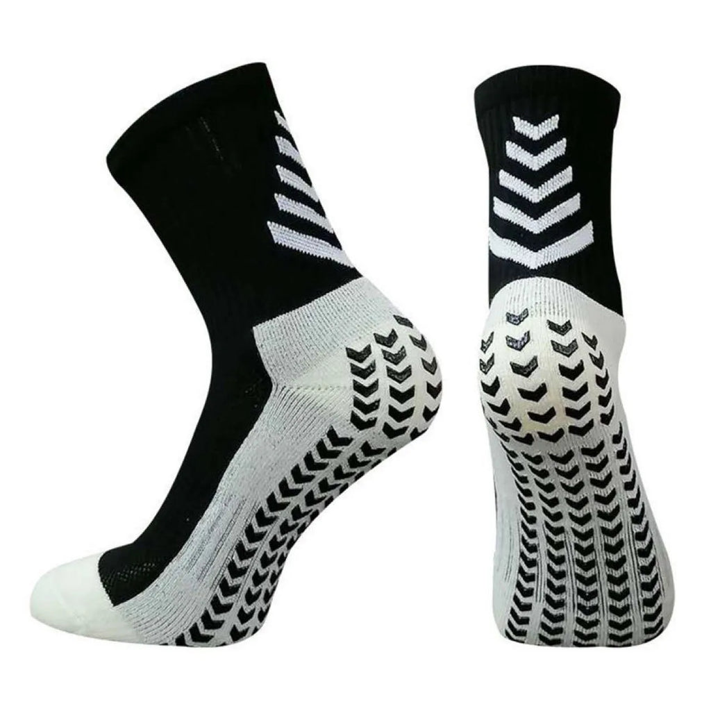 Men's athletic mid-calf socks with geometric arrow patterns and non-slip silicone grip