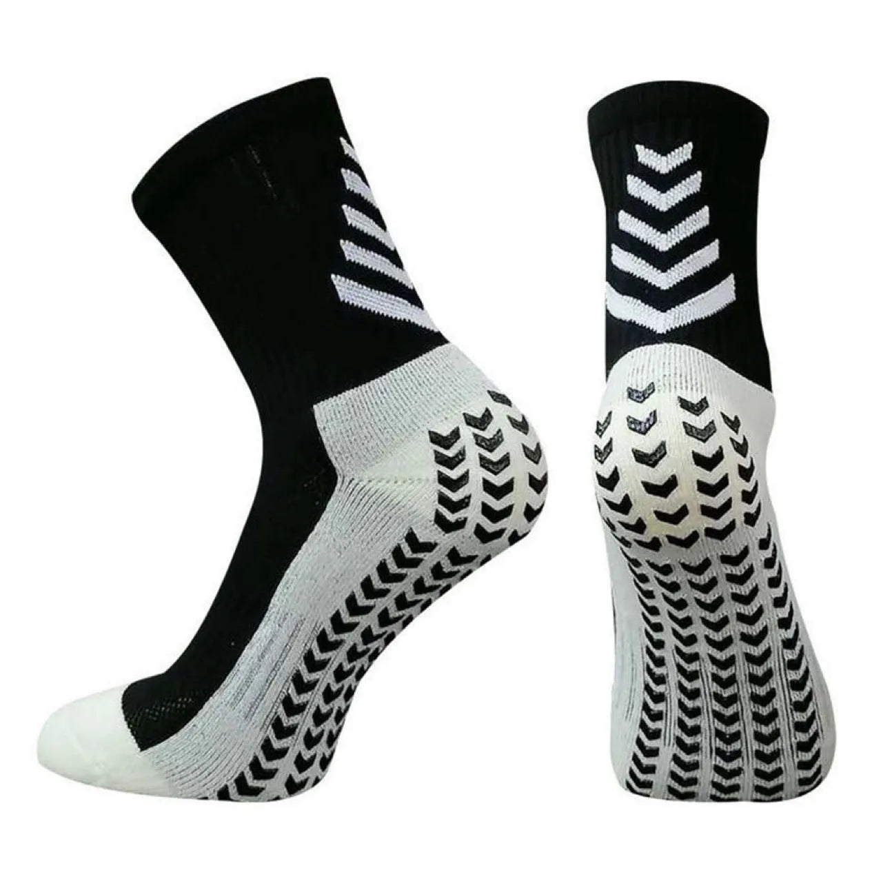 Men's athletic mid-calf socks with geometric arrow patterns and non-slip silicone grip