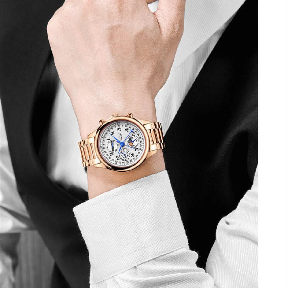 Men's mechanical perpetual calendar watch with moon phase display on leather strap