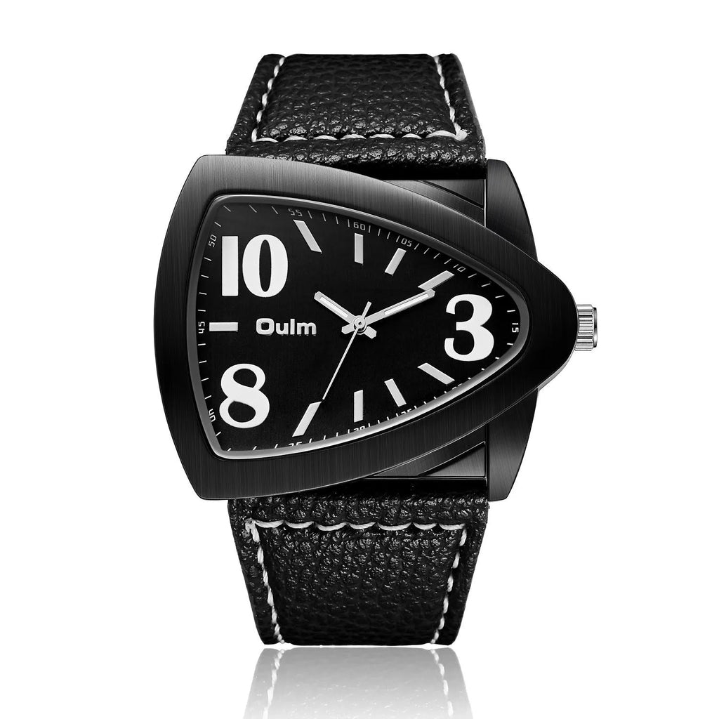 Men's casual quartz watch with triangle belt strap in brown, black, or blue colour option