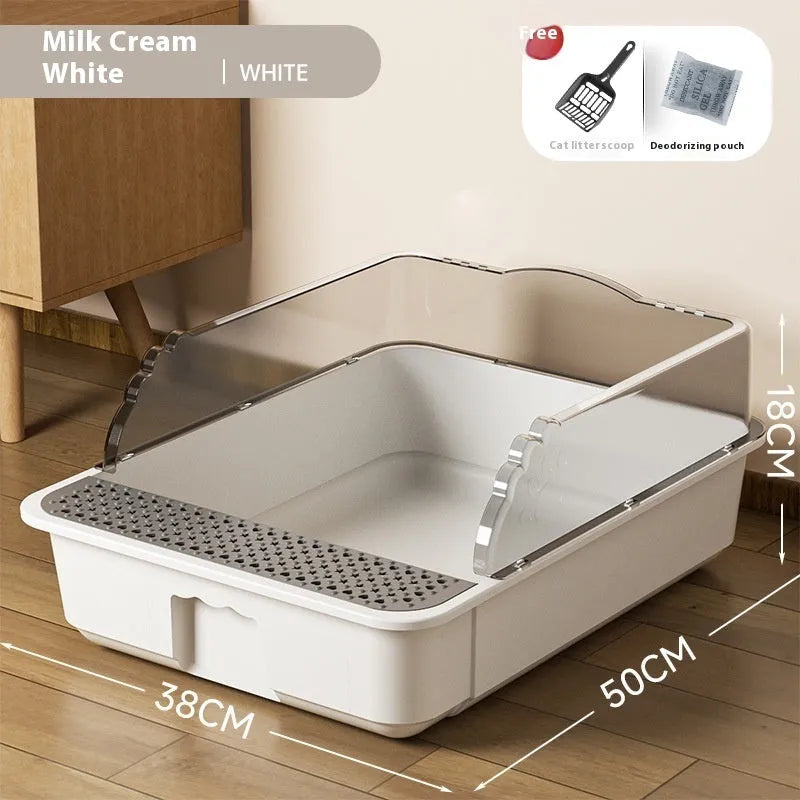 Extra large semi-closed cat litter box in milk cream white with shovel and deodorant bag, 43cm size