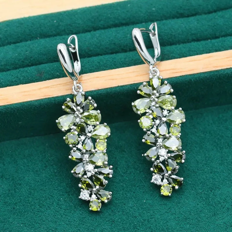 Retro floral necklace earring ring bracelet ornament suit with alloy pendant and copper inlaid zircon in olive finish