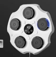 Black hanging PU boxing wall target with Bluetooth music recognition and included glove for home fitness.