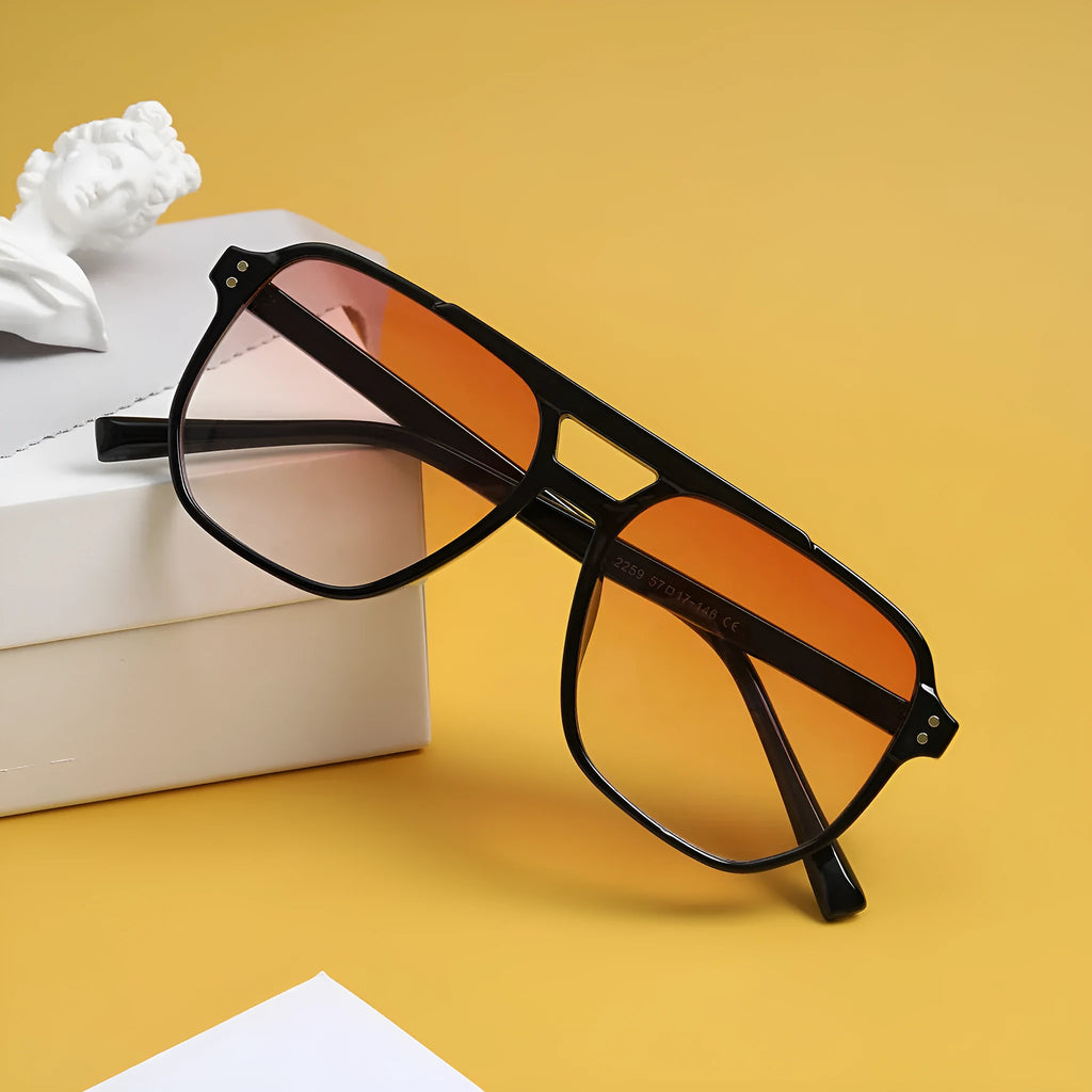 Women's square double beam fashion sunglasses with black frame and various coloured lenses for UV protection