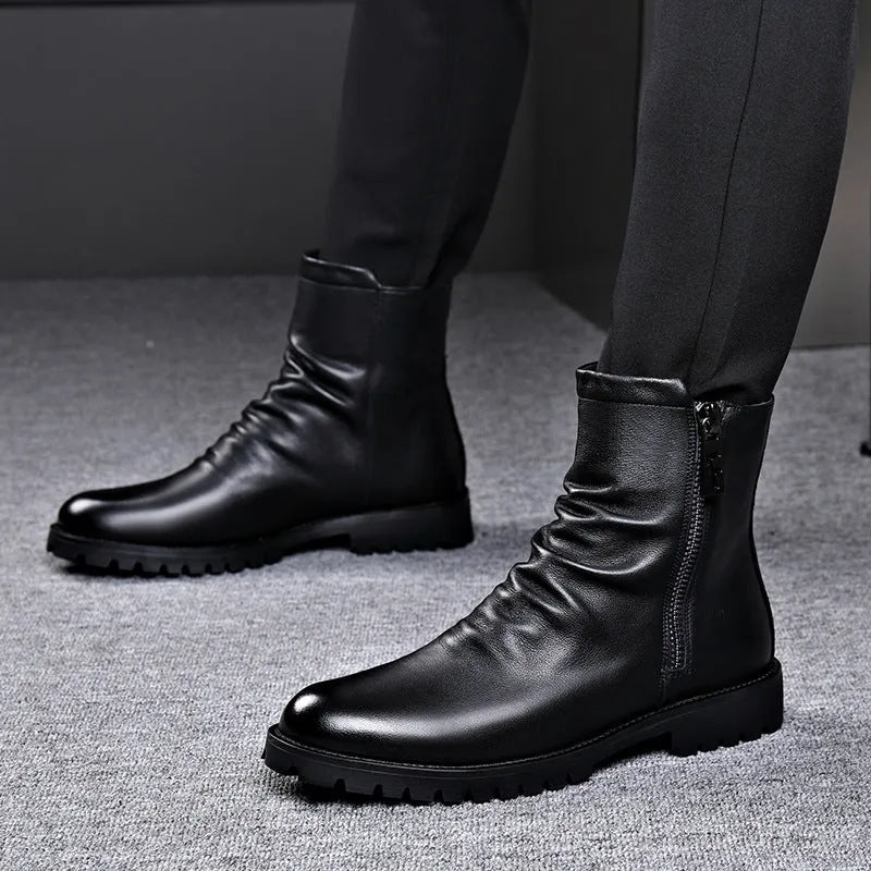 Black British-style men's high-top Martin boots with patent leather finish, side zipper, and wedge heel